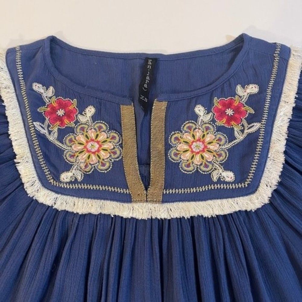 Women's Embroidered Blouse Blue Frayed X-Small - Picture 12 of 13